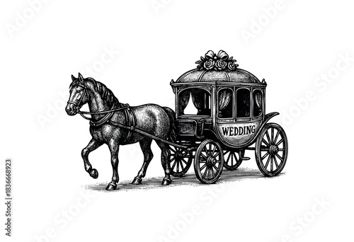 An antique horse-drawn carriage with the word 'WEDDING' on its side evokes a sense of classic romance — stock illustration.