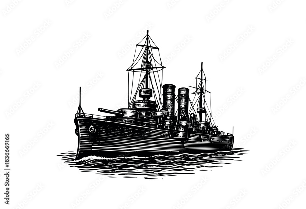 Obraz premium Black and white vintage illustration of an old battleship sailing on the water — stock vector.