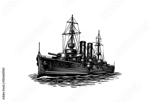 Black and white vintage illustration of an old battleship sailing on the water — stock vector.