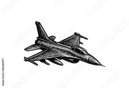 Engraved style black and white illustration of a military fighter jet in flight — stock vector.