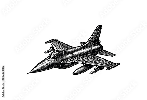 Engraved style illustration of a fighter jet in black and white — stock vector.
