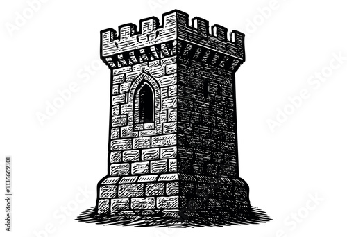 Detailed engraving-style illustration of a medieval stone tower with an arched window — stock illustration.