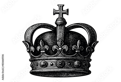 Detailed engraving of a royal crown with fleur-de-lis and a cross on top, isolated on white — stock illustration.