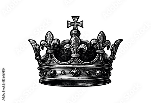 An intricately etched crown, featuring fleur-de-lis and a cross, showcases royal power and historic elegance — stock vector.