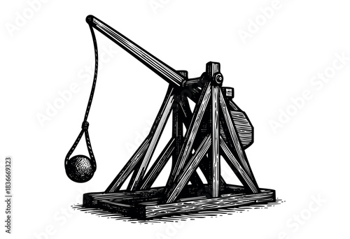 Black and white illustration of a medieval trebuchet siege weapon, designed for hurling large stones — stock illustration.