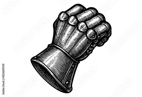 A vintage-style illustration of a clenched fist wearing an armored gauntlet, detailed with hatching and linework — stock vector.