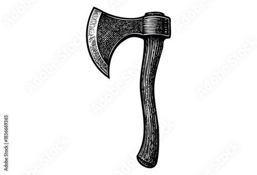 Monochrome illustration of an axe with a wooden handle, drawn in an engraved style — stock illustration.