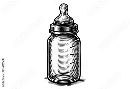 Engraved baby bottle in a vintage style, perfect for designs related to infants, parenting, and baby products — stock vector.