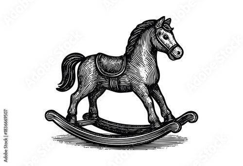 A black and white illustration shows a vintage rocking horse toy with detailed engraved lines and shading — stock illustration.