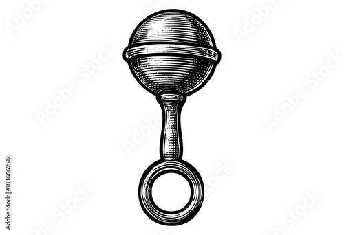 An antique style baby rattle is depicted in a detailed engraving style — stock vector.