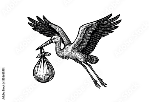 A stork carrying a baby in a sack flies across a white background in a vintage woodcut style — stock vector.