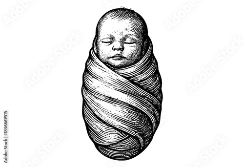 Vintage engraving of a newborn baby swaddled in a blanket isolated on a white background — stock illustration.