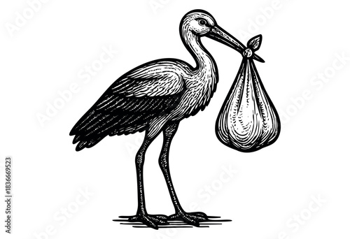 Engraved stork carrying a baby in a tied bundle — stock illustration.