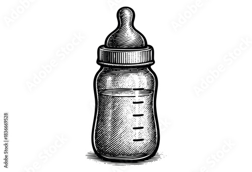 An engraved illustration of a baby bottle filled with liquid and measurement markings — stock vector.