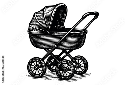 Detailed black and white drawing of a classic baby stroller in a vintage, woodcut style — stock vector.