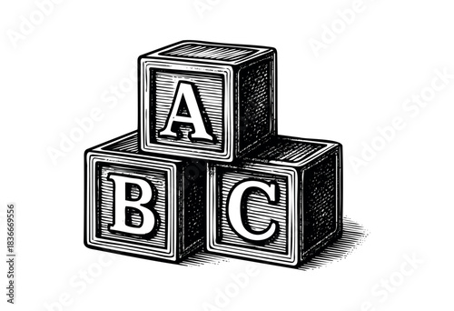 A stack of letter blocks shows ABC in a woodcut style illustration — stock illustration.
