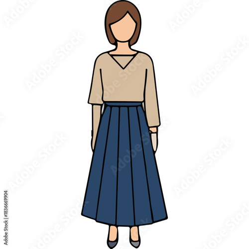 Full Body Portrait of a Woman Wearing a Beige V-Neck Long Sleeve Top and a Navy Blue Pleated Maxi Skirt with Black Heels Standing Against a Black Background