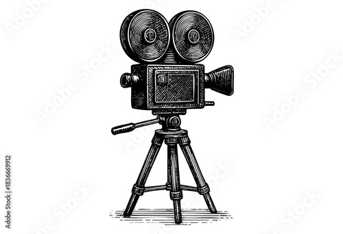 Engraved vintage film camera on a tripod isolated on white — stock vector.