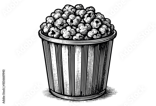 An illustration of a popcorn bucket in a vintage, engraved style, filled to the brim — stock illustration.