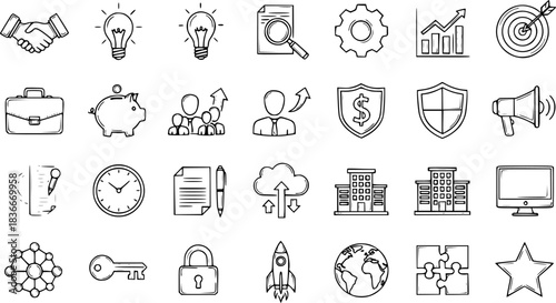 Hand-drawn Business, Finance, Technology, and Startup Doodle Icons Set - Black and White Sketch Line Art Collection