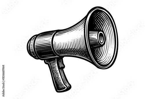 An isolated retro style black and white megaphone broadcasts a message — stock vector.