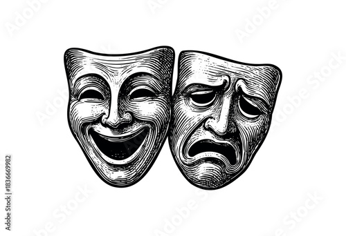 Engraved theatrical masks representing comedy and tragedy, rendered in a vintage style — stock illustration.