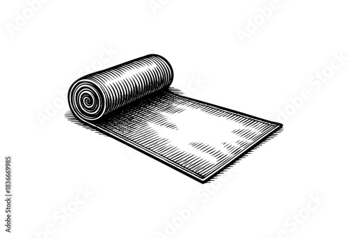 Engraved-style yoga mat partially rolled up, isolated on white — stock illustration.