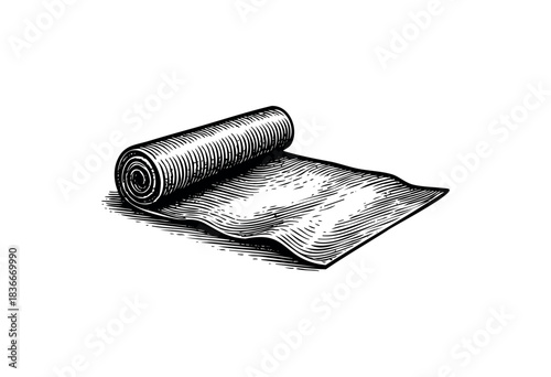 A detailed illustration depicts a partially unrolled fabric roll in a vintage engraved style — stock illustration.
