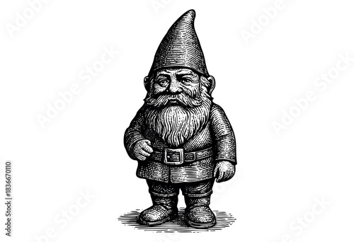 Antique etching of a garden gnome, perfect for fairy tales and folklore designs — stock illustration.