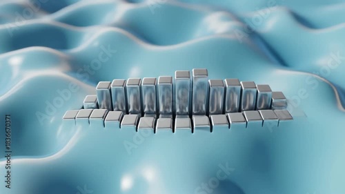 Liquid Silver 3D Bars: Solidifying Abstract Data Blocks Sinking into Blue Fluid Loop.