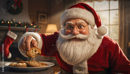Mischievous Santa Claus Caught Sneaking Chocolate Chip Cookie From Plate in Cozy Christmas Living Room