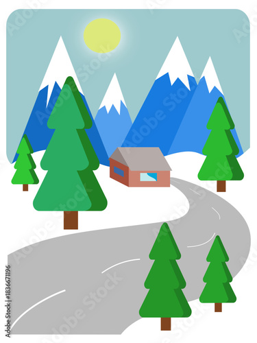Cozy Winter Cabin in Snowy Forest Mountains Scene. Road to Home. Winter Landscape. Vertical format - a set of views