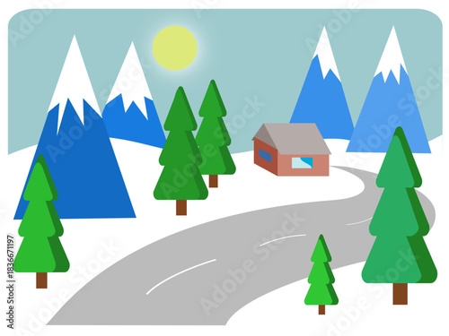 Cozy Winter Cabin in Snowy Forest Mountains Scene. Road to Home. Winter Landscape. Horizontal format - a set of views