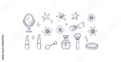 Charming hand drawn collection of makeup perfume and beauty accessories for a stylish look