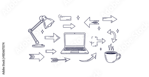 Modern workspace illustration featuring a laptop a light source and a coffee cup on a desk