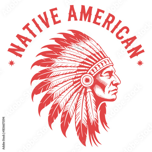 native american chief profile illustration with feather headdress in tribal red style artwork