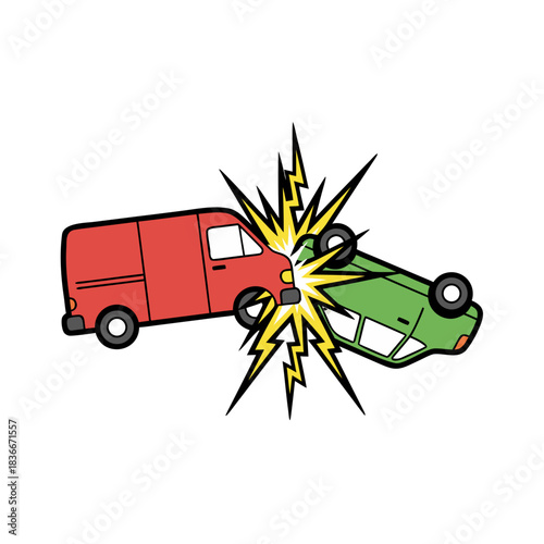 Two cars colliding in a dramatic accident a red van impacts a green car resulting in a crash with yellow lightning bolts illustrating the force on a black background flat vector art style