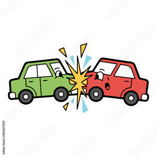 Two Cartoon Cars Colliding With A Bright Yellow Impact And Flying Debris Against A Black Background Simple Flat Illustration