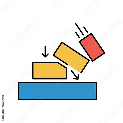 Domino effect illustration showing a chain reaction with blocks impacting a structure perfect for illustrating causality and systemic risk with a clean design.