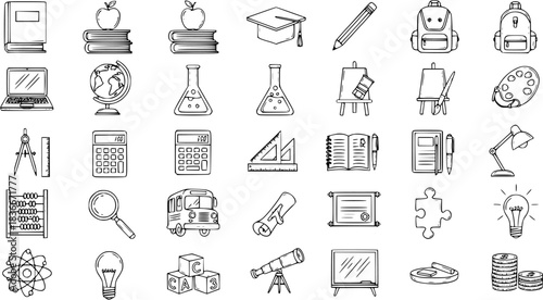 Hand-drawn black and white line art vector icons for education and school supplies, featuring a comprehensive collection of learning objects, science equipment, and art tools in doodle style.