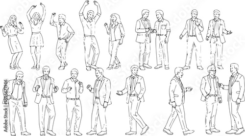 People sketch featuring various person outline poses and activities. Minimalist man woman vector line art design for presentations, infographics, and art projects requiring human figure illustrations