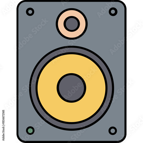 Gray Audio Speaker With Yellow Woofer and Cream Tweeter Featuring Black Screws and Small Green Indicator Light on Black Background