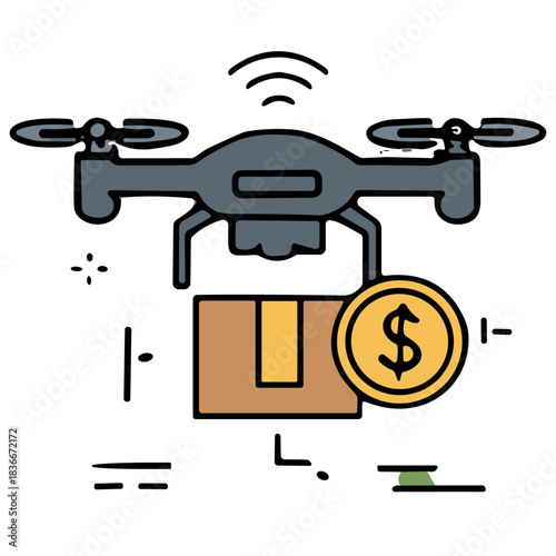 Gray Drone Carrying Cardboard Package with Yellow Stripe and Gold Dollar Coin Symbol on Black Background