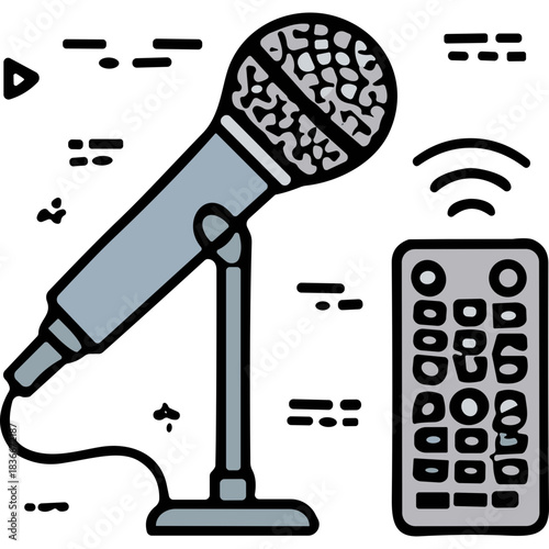 Gray Microphone on Stand with Remote Control Isolated on Black Background Simple Flat Illustration