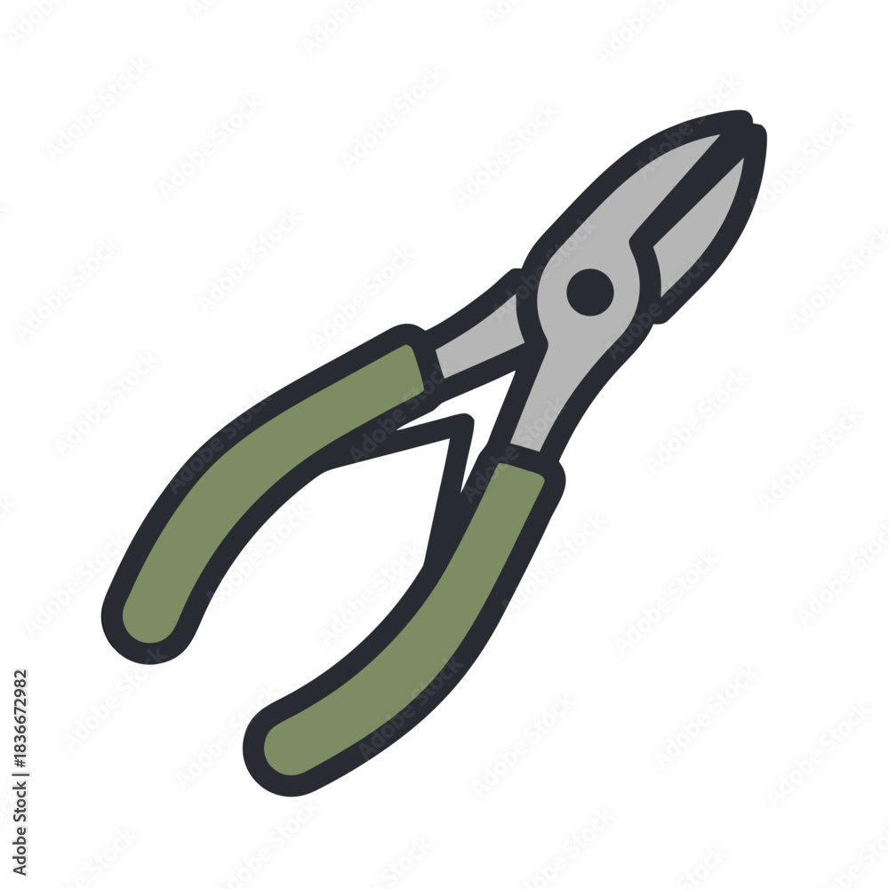 Obraz premium Wire Cutting Pliers with Green Handles on Black Background Simple Flat Vector Art Minimalist Clean Sticker Style Illustration