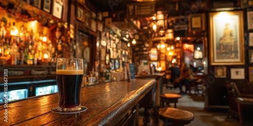 Cozy Irish pub interior with wooden bar, amber light, rows of whisky bottles, and a pint of dark stout on the counter, people chatting behind.