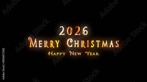 Alpha channel is included. 2026 Happy New Year. Congratulatory Christmas video card. Decorative golden title. Artistic intro (introductory template).  Quick Time, codec: PNG, 16-bit color.