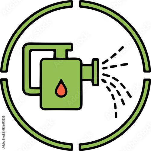 Green fuel pump icon with a red drop symbolizing fuel or energy against a black circular background with light green outlines suggesting a protected or monitored area