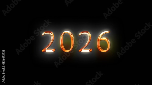 Alpha channel is included. 2026 Happy New Year. Congratulatory Christmas video card. Decorative golden title. Artistic intro (introductory template).  Quick Time, codec: PNG, 16-bit color, highest qua