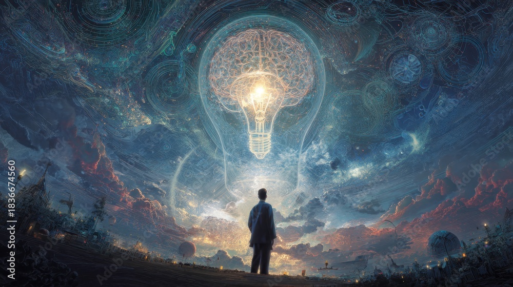 Obraz premium Man gazing at a glowing light bulb in a cosmic landscape representing ideas and inspiration